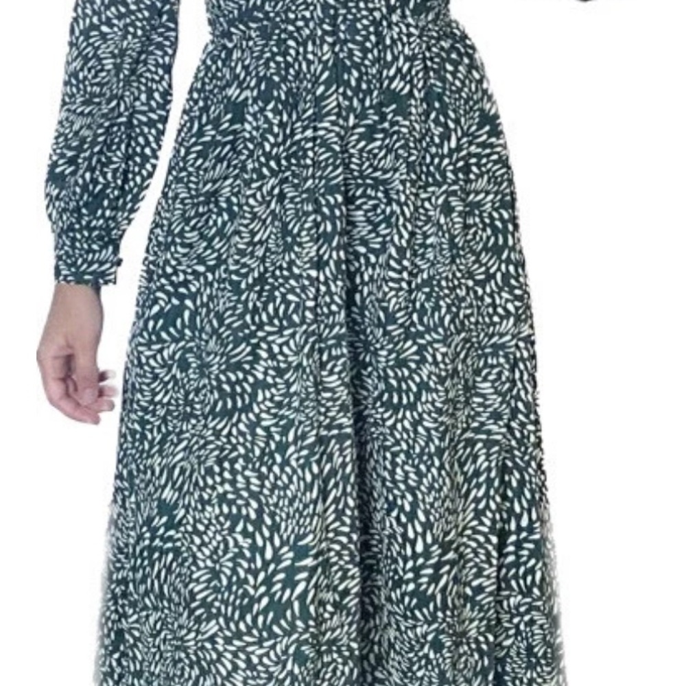 OPT Green and White Cut-Out Maxi Dress with Bishop Sleeves. 100% Cotton.